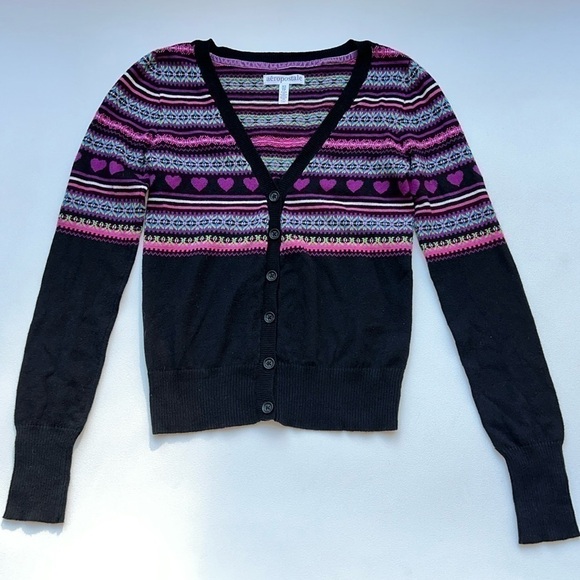 aeropostale Sweaters - Aeropostale cute Pink/purple heart Striped Cardigan Sweater essential layer‎ xs
